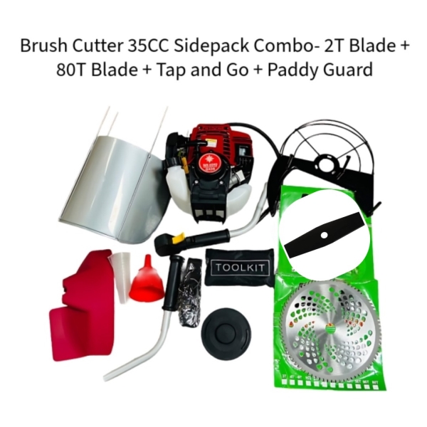 ब्रश कटर 35CC साइडपैक कॉम्बो- 2T ब्लेड प्लस 80T ब्लेड प्लस टैप एंड गो प्लस पैडी गार्ड